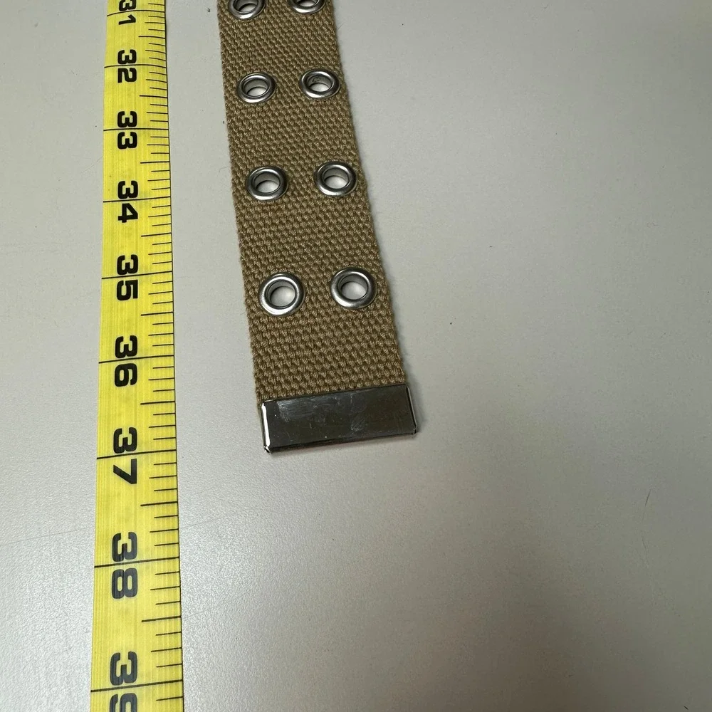 Tan Canvas Web Belt Double Prong Silver Grommet Military Skater Style 37 Inch